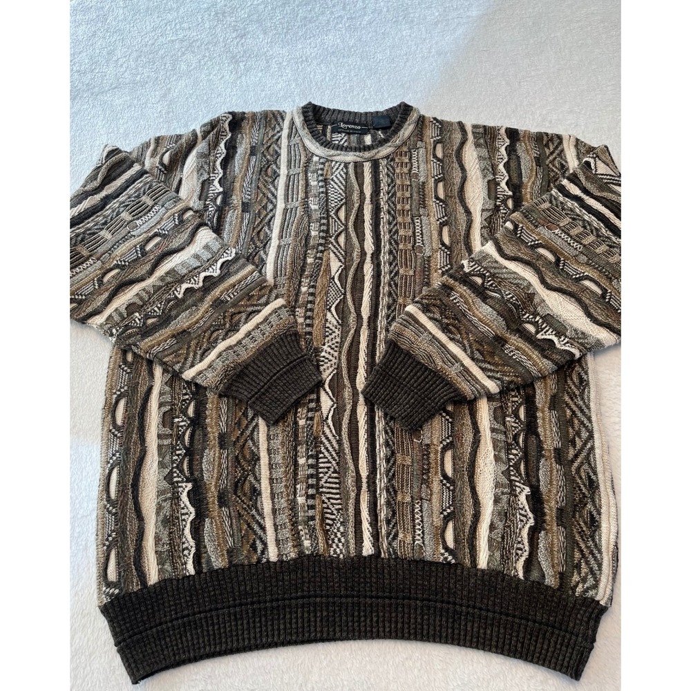 Lorenzo Vintage 3D Textured Knit Sweater Mens Brown Earth Tone Coogi Style Italy